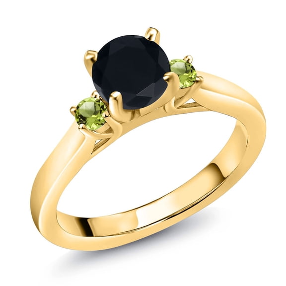 Gem Stone King 18K Yellow Gold Plated Silver Black Onyx and Green Peridot 3-Stone Engagement Ring for Women (0.94 Cttw, Round 6MM, Gemstone December Birthstone, Size 5)