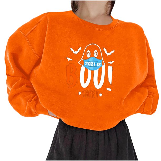 Suéter de manga larga con estampado de letras y cuello redondo suelto de manga larga de calabaza para mujer Pompotops gfhjh1308
