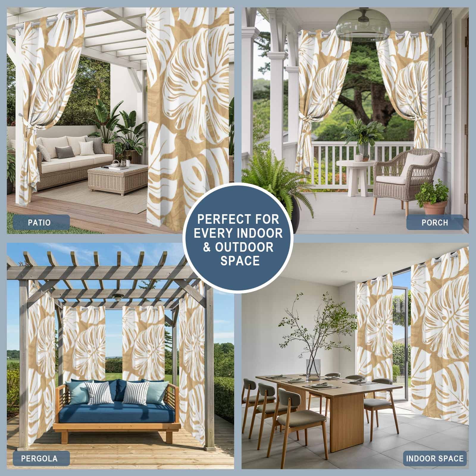 Brown Leaf Outdoor Curtains for Patio, Tropical Country Watercolor Jungle Botanical Leaves Sunshade Privacy Drapes Grommet Waterproof Outside Curtains for Porch/Cabana/Balcony 54"x 108", 1 Panel
