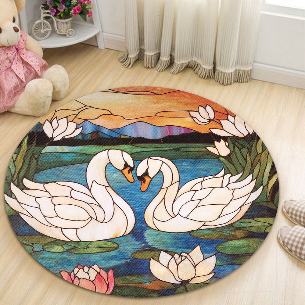 Round Rug, Swans Soft Washable Carpet, Non-Slip Floor Mat for Living Room Bedroom Home Decor 24 Inch