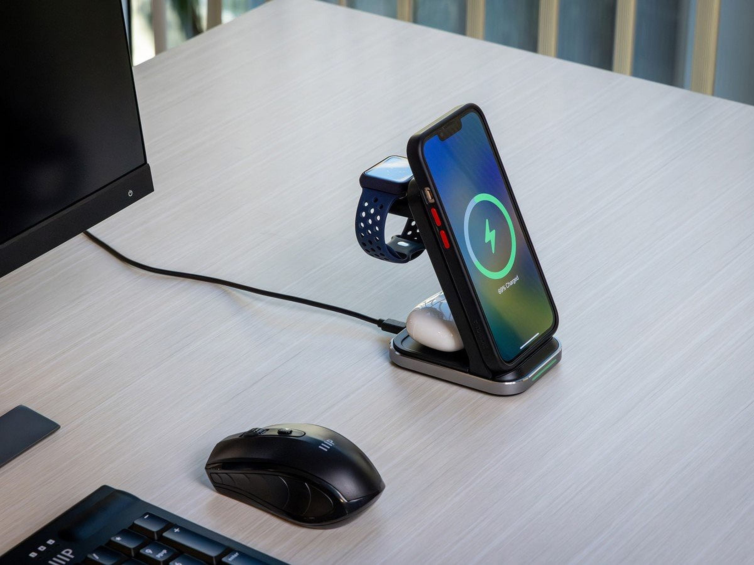 Monoprice 3‑in‑1 Wireless Charging Station for iPhone, Apple Watch, AirPods, Bundled with Quick Charge 3.0 Wall Charger, Fast Charging, Triple Sense LED Indicator, Detachable Watch Charger