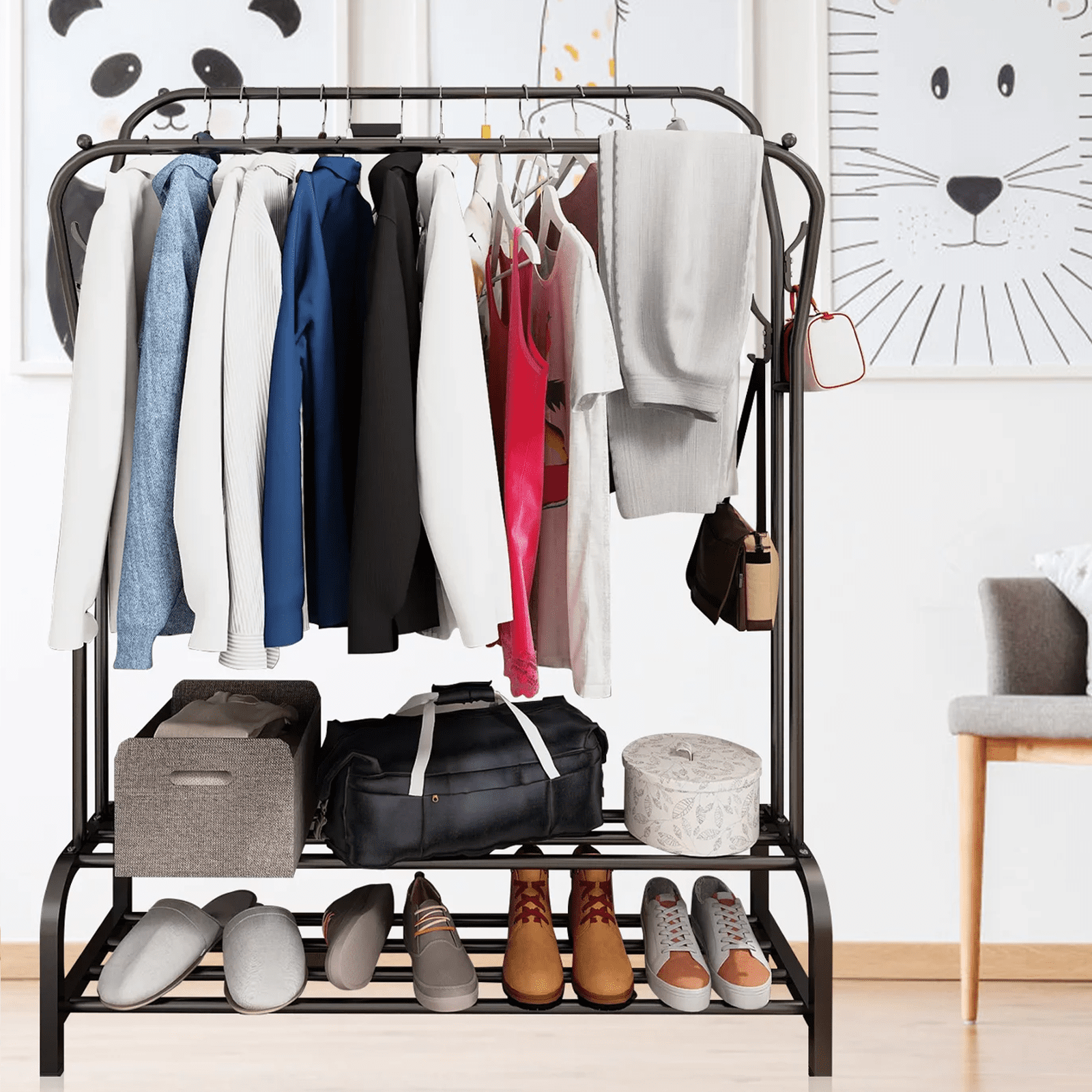 57'' Garment Rack Double Rail Freestanding Clothes Metal Rack with 6