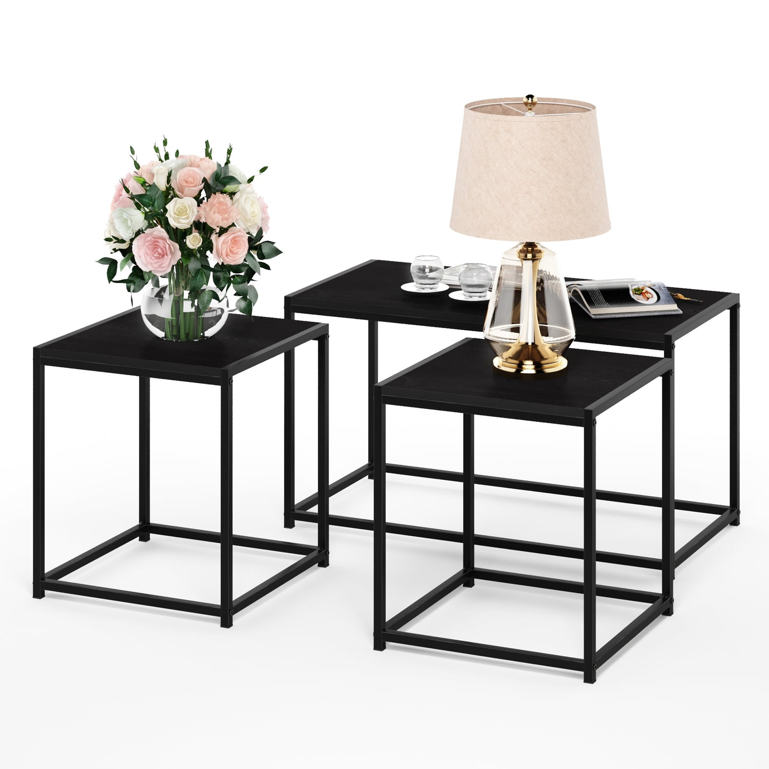 Furinno 3-Pcs Modern Wood and Metal Living Room Table Set, Americano / French Oak Grey
