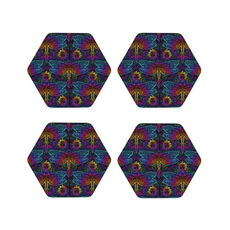 

Leather Coasters Set of 4 - Flamboyant Dragonfly Lightweight Non-Slip Drink Coasters for Desk Anti-Scalding Desk Cup Coasters for Office Table Decor Hexagon