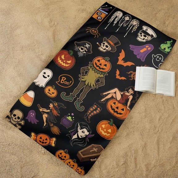 Halloween Medley Body or Beach Towel, Summerween Towel Spooky Summer Gothic Summer Beach Towels Vacation Quick Dry Beach Towel, Poolside Essential, Summer Accessory 29X58in