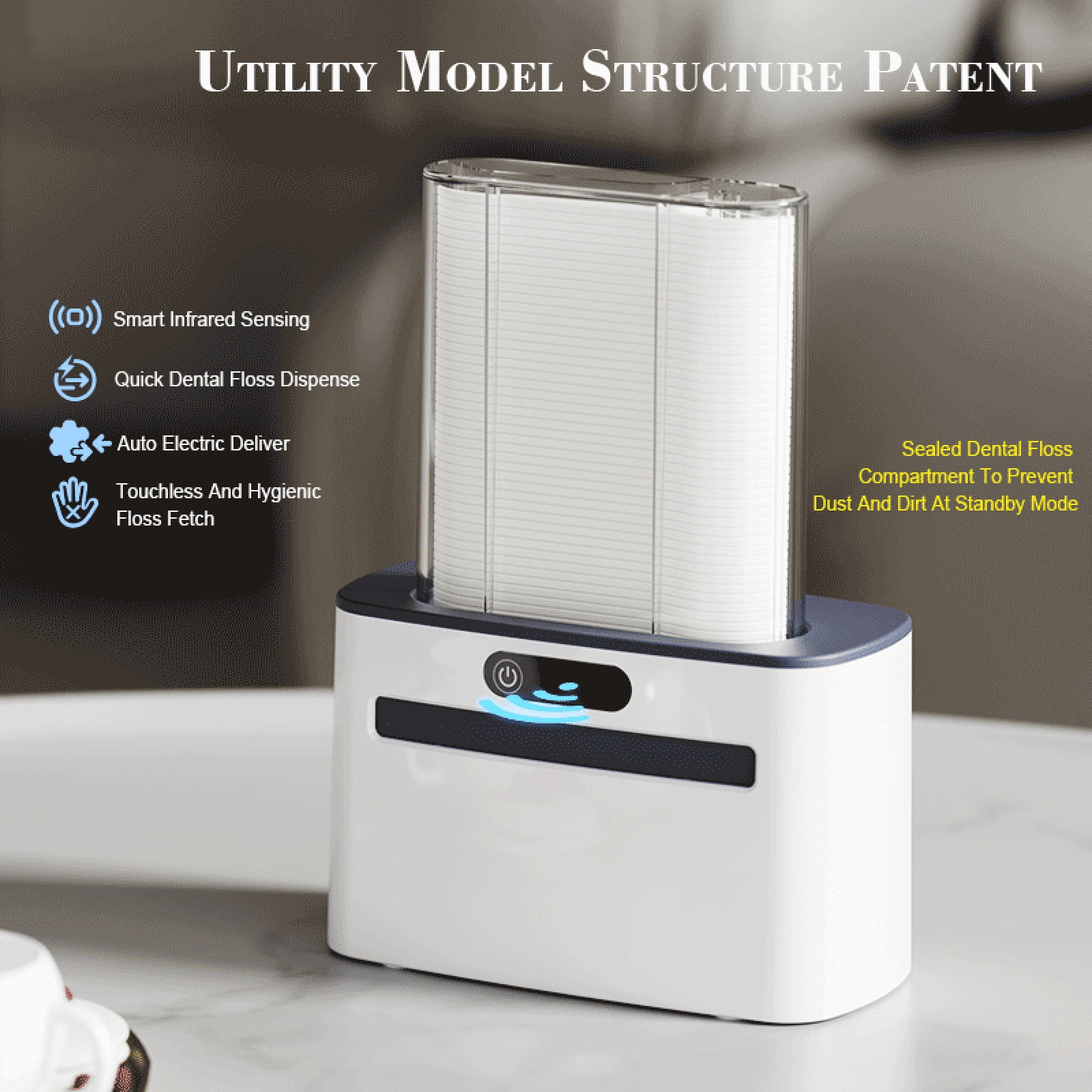 Automatic Floss Dispenser Box | Intelligent Sensor Floss Stick Storage | Rechargeable & Battery-Powered | ABS Plastic, 100 Floss Refill, Dark Blue/Light Gray/Gold | Home, Restaurant, Hotel Hygiene