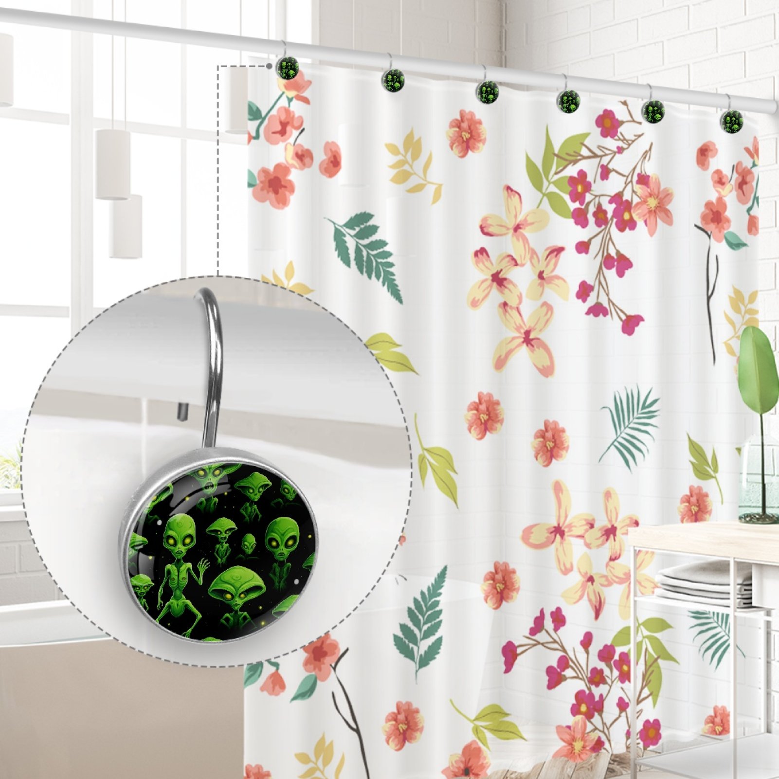 HemaKayy 12 Pcs Decorative Shower Curtain Hooks - Stainless Steel Rings for Bathroom Décor - Easy Glide & Secure Hold - Perfect Decoration for Bathroom Shower Rods - Outer Space Alien