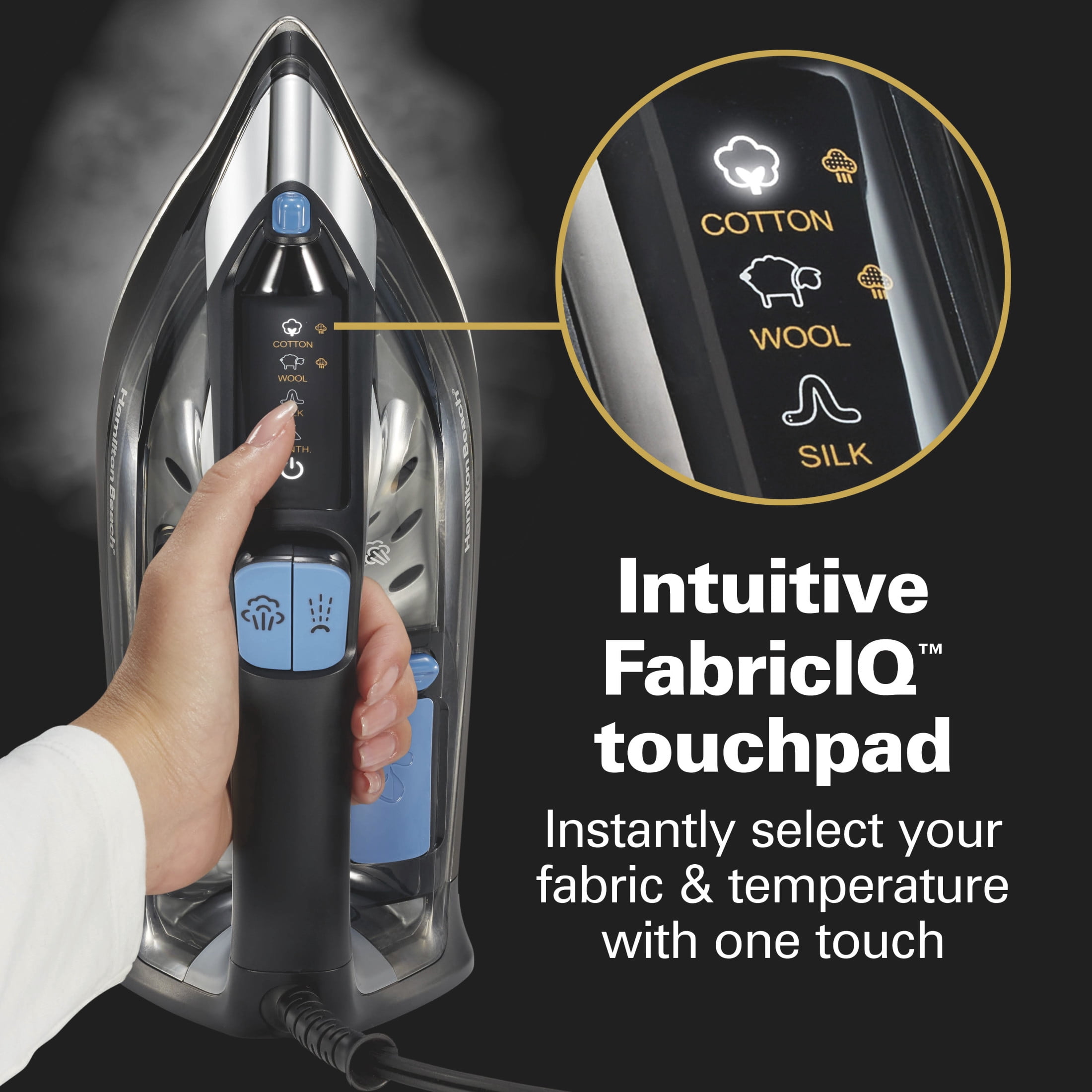 Hamilton Beach FabricIQ Clothing Steam Iron with Intuitive Touchpad & Stainless Steel Soleplate, Black
