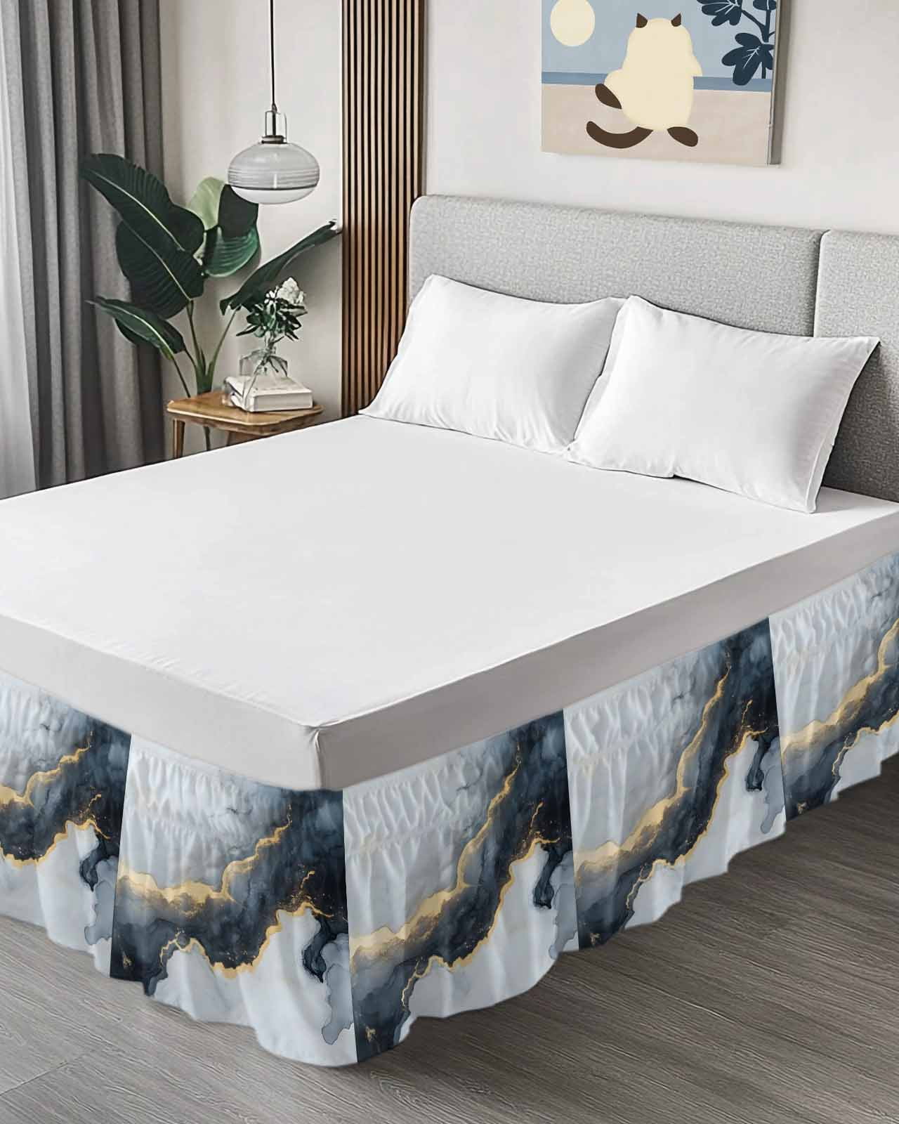 Black Marble Wrap Around Bed Skirts for Queen Bed 16" Drop, Bed Skirt with Adjustable Elastic Belt Dust Ruffle Bed Valance for Bedroom Hotel Luxury Modern Abstract Art Ink Painted Bed Frame Cover
