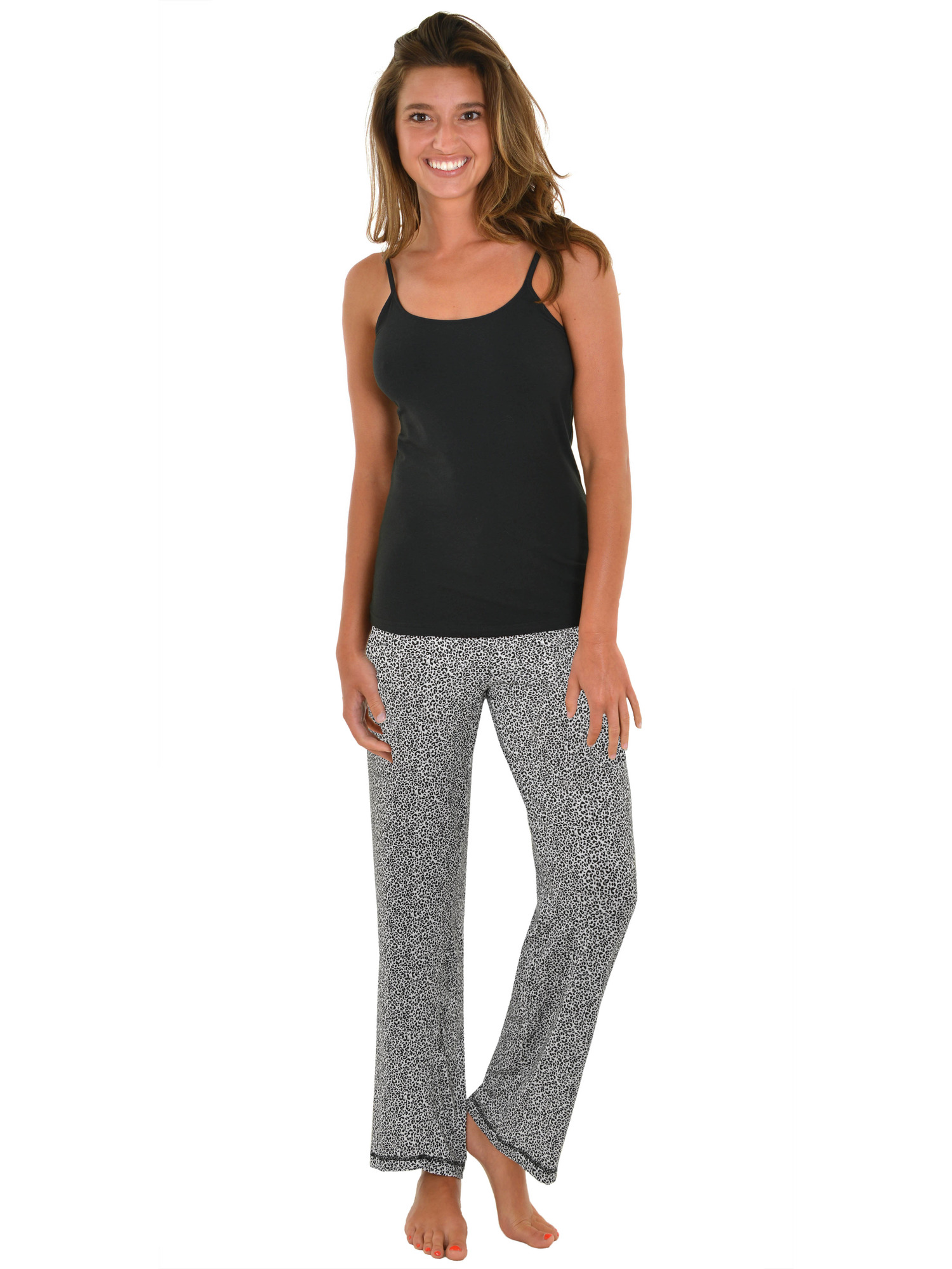 Int Intimate Womens Pajama Set Black Cami Shelf Bra Animal Print PJ