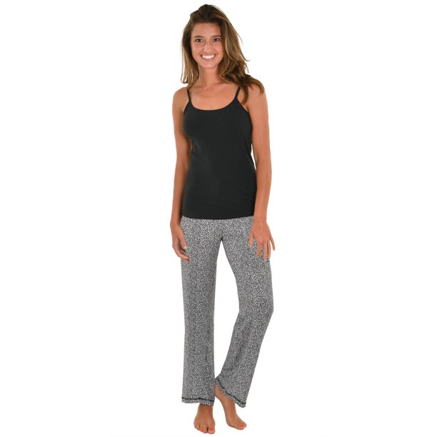 Int Intimate Womens Pajama Set Black Cami Shelf Bra Animal Print PJ