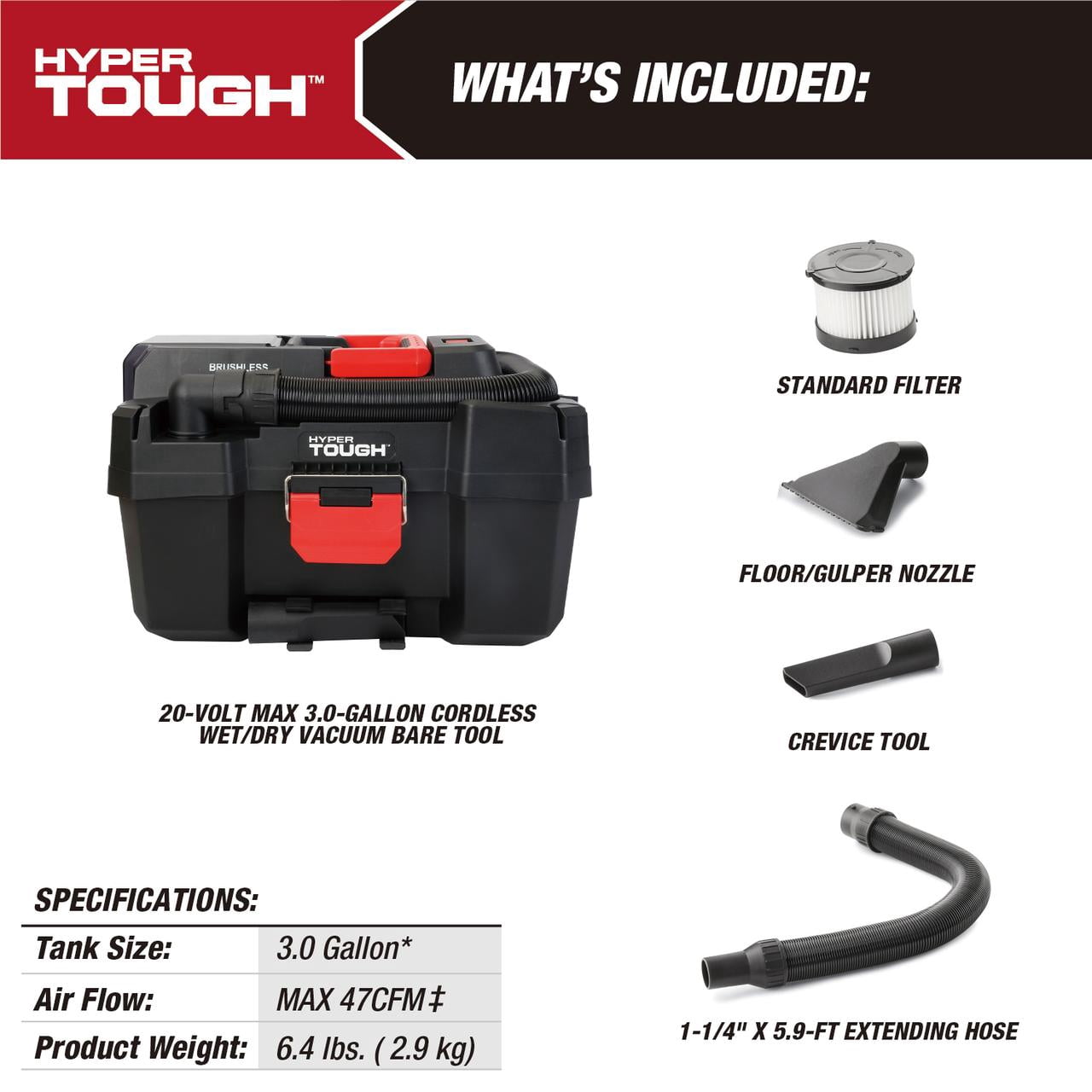 Hyper Tough 20V 3-gallon Wet Dry Vacuum Bare Tool
