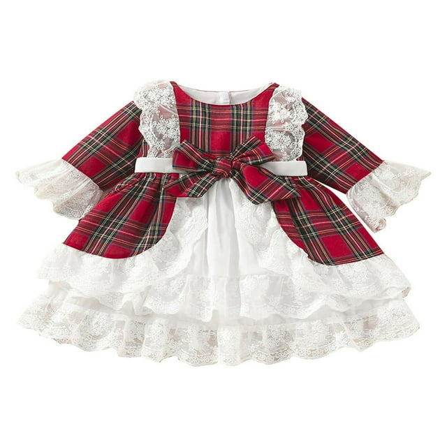 MesaSe Robe Fille Enfant Manches 3/4 Col à Carreaux Imprimé Volants Dentelle Taille Haute Automne Robe Rouge