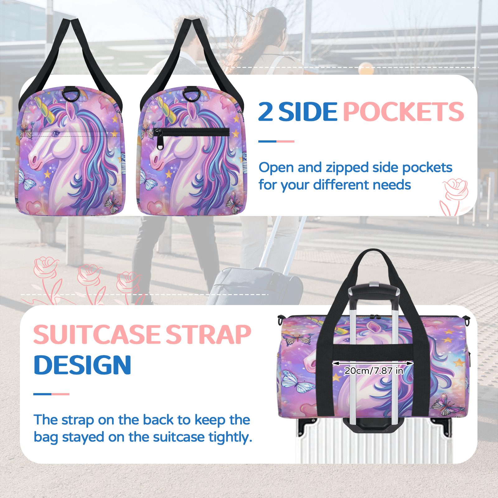 Herdesigns Unicorn Butterfly Gym Bag for Women, Duffle Bag for Travel Sport, Lightweight Waterproof Carry on Weekender Overnight Dance Yoga Workout Bags