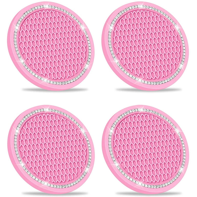 Car Cup Holder Coasters, 4pcs Cute Car Coaster for Women,Interior Bling Insert Coaster Rubber Pad Set Round Auto Accessories (Pink/ 2pcs)