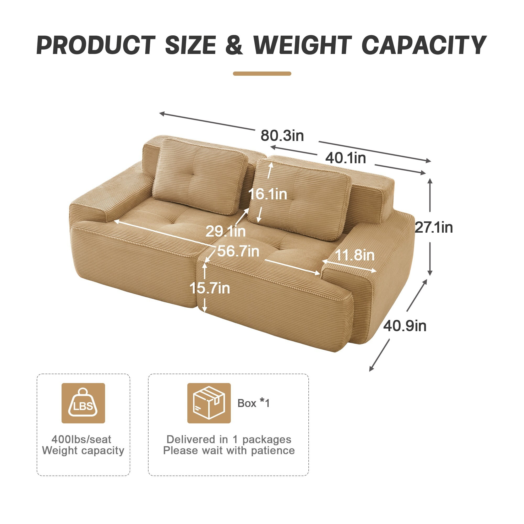 DEALTOPS Oversized Corduroy Loveseat, Sponge Filler Deep Seat 2-Seater Sofa for Living Room, No Assembly Needed, Camel