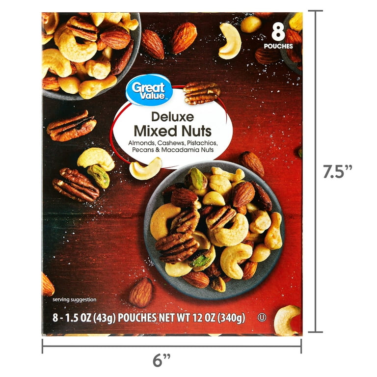 Deluxe Mixed Nuts, 2.25 oz Pouch, 8/Carton, Ships in 1-3 Business Days Deluxe Mixed Nuts, 2.25 oz Pouch, 8/Carton, Ships in 1-3 Business Days