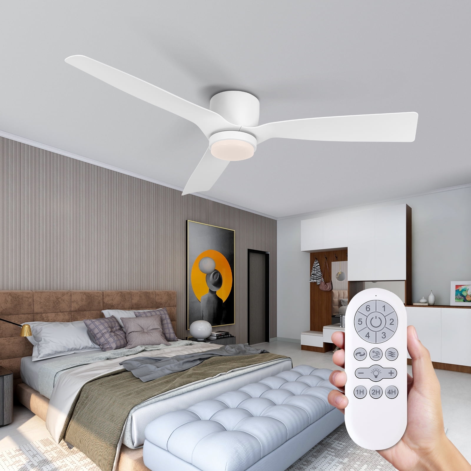 Wozzio Flush Mount 52 inch Morden White Ceiling Fan with Light and Remote Indoor/Bedroom/Apartment