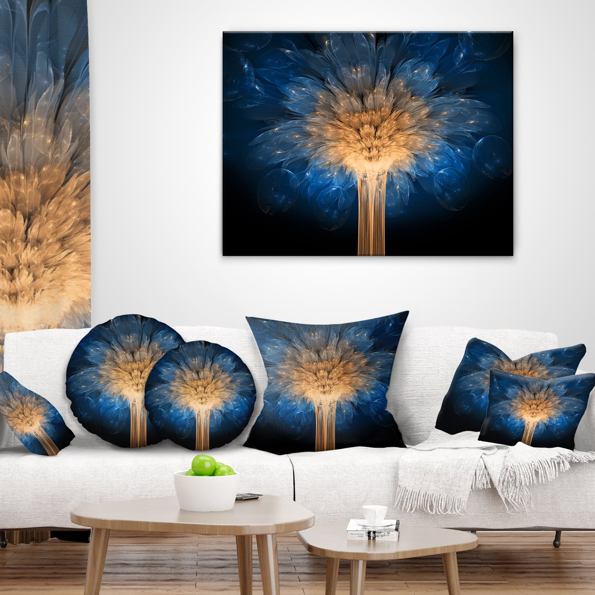 Designart Fractal 3D Blue Dragon Flower - Contemporary Throw Pillow - 12x20