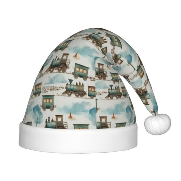 Fuzoiu Transport Train Print Santa Hat Christmas Hat for kids,Santa Hats with Pompom, Unisex Xmas Holiday Hat for Christmas New Year Festive Party Supplies