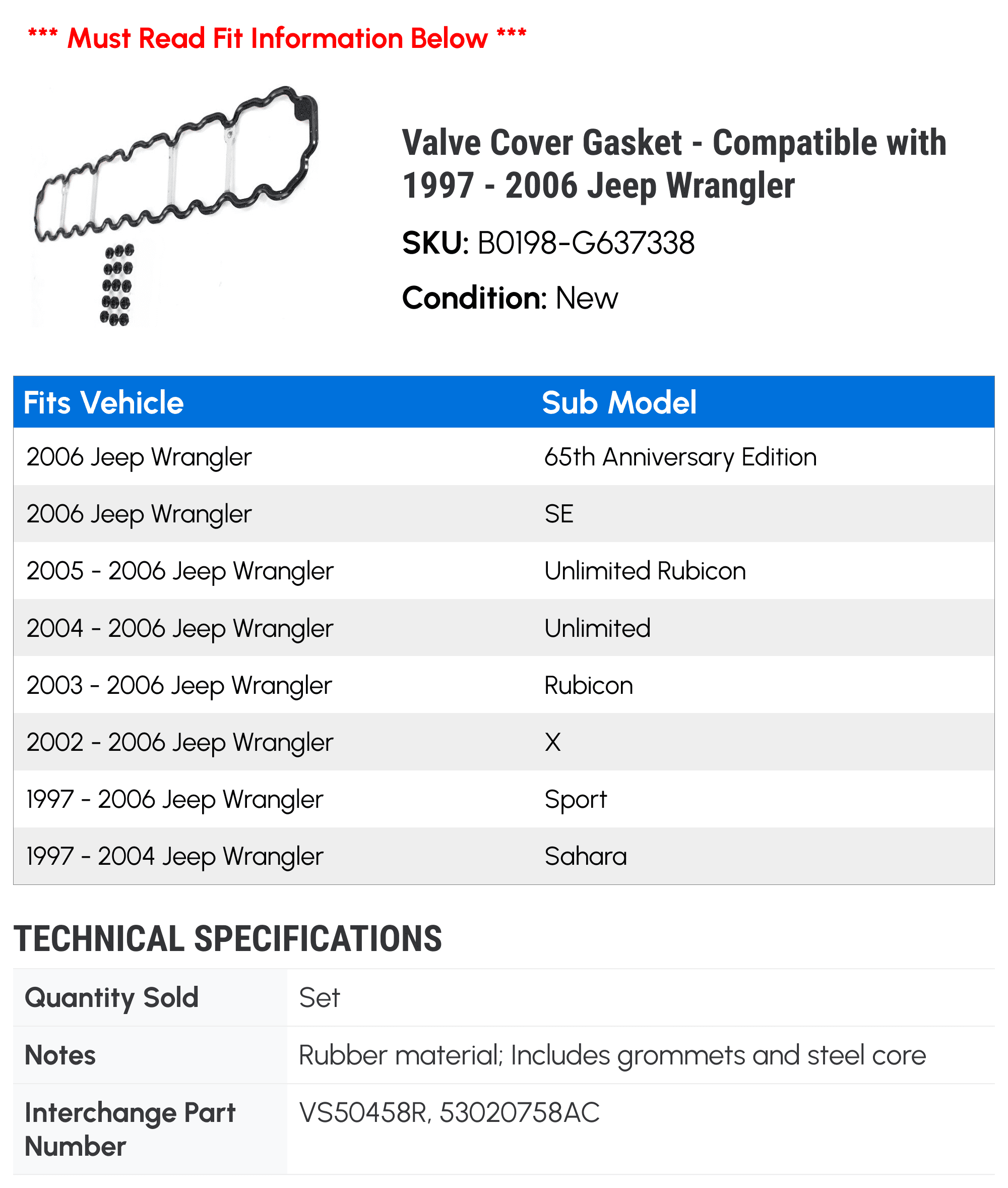 Valve Cover Gasket - Compatible with 1997 - 2006 Jeep Wrangler 1998 1999 2000 2001 2002 2003 2004 2005
