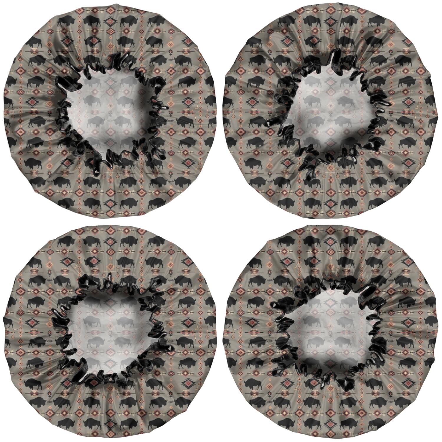 Shower Caps,Gray Buffalo Geometric Pattern Waterproof Shower Cap for Women 4 Pieces,Double Reusable Hair Cover for Shower PEVA Elastic Stretch Hem