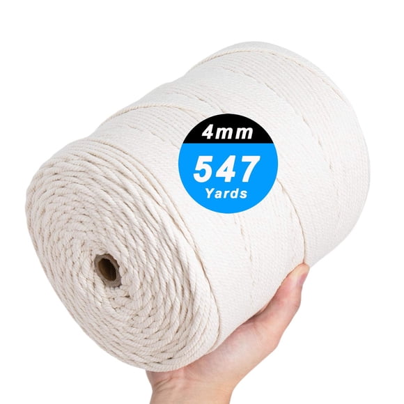 Macrame Cord 4mm x 547Yards, Natural Cotton Macrame Rope - 4 Strands Twisted Macrame Cotton Cord for Wall Hanging, Plant Hangers, Crafts, Gift Wrappi