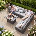 thumbnail image 3 of RADIATA 7-Piece Patio Furniture Set with Fire Pit Table – Modern Luxury 29.3'' High Back Patio Furniture Sectional, Outdoor Sectional with Fire Pit for Backyard Conversation & Lounge Light Gray, 3 of 9