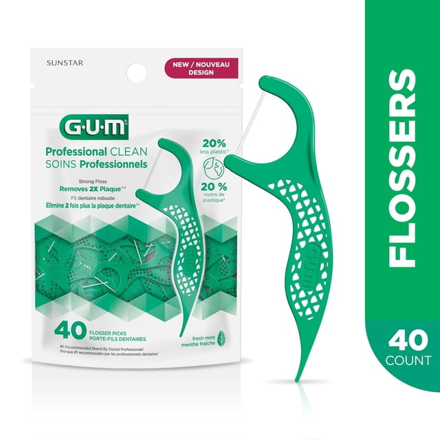 GUM® Professional Clean Flosser, Extra Strong Floss Proven to Remove More Plaque, Fresh Mint Flavour, 40 Count