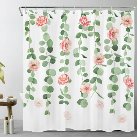 HVEST Spring Pink Shower Curtain for Bathroom Nature Floral and Green Plant Eucalyptus Leaf on White Bathroom Shower Curtains with Hooks, Farmhouse Rustic Bathroom Curtains Shower Set 72x78 inch