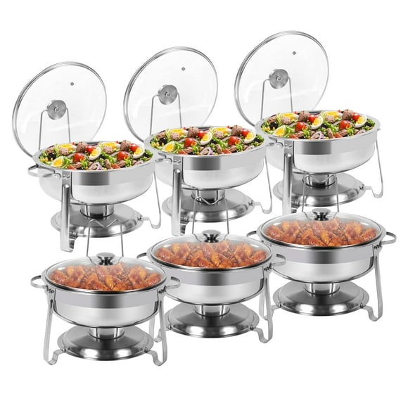 BriSunshine 6 Packs Round Chafing Dish Buffet Set, 4 QT Stainless Steel Chafing Dishes with Glass Lid & Lid Holder, Catering Food Warmers for Parties Buffet Weddings Events