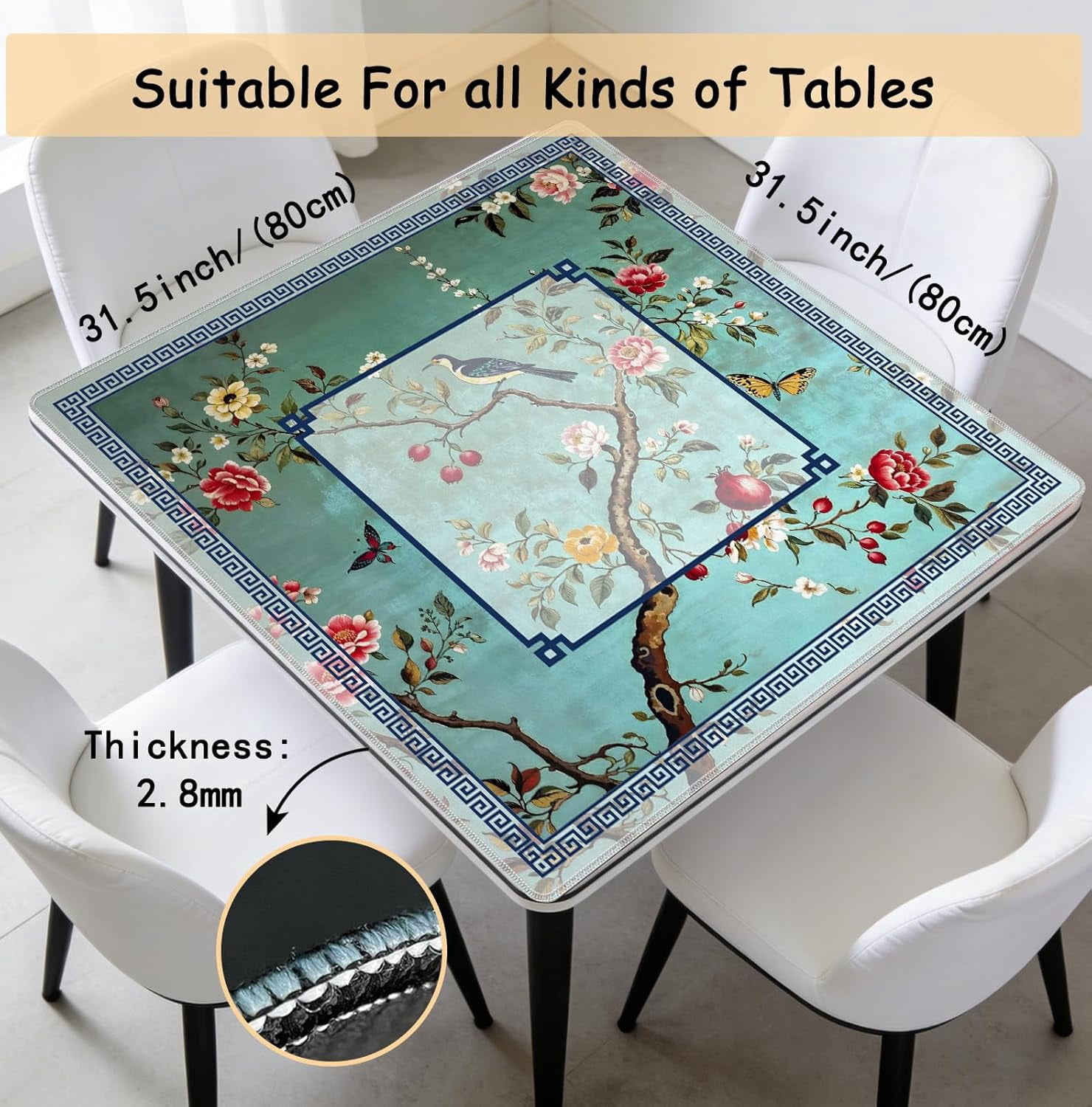 Turquoise Chinoiserie Floral Mahjong Mat 31.5 x 31.5 Inch, Grandmillennial Chinese Non-Slip Noise Reduction Mahjong Table Mat for American Mah Jong Poker Card Board Games Dominoes