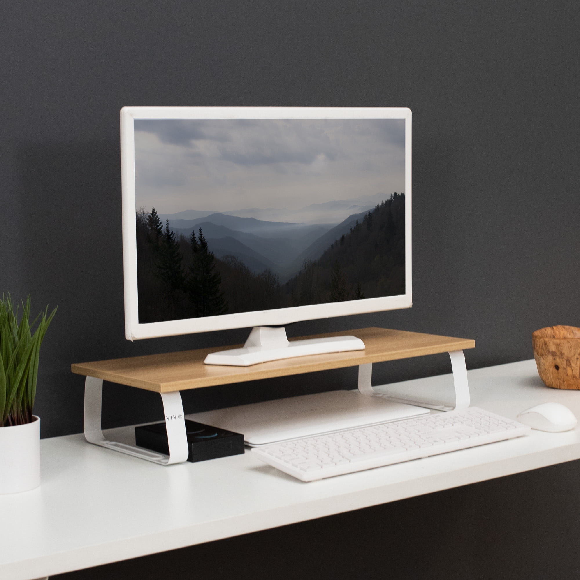 VIVO 24" Desktop Stand Organizer, TV Monitor Riser, Light Wood Top, White Legs