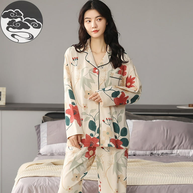QWZNDZGR Spring Autumn Knitted Cotton Long Pajama Sets Plaid