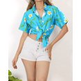 thumbnail image 3 of LA LEELA Women's Casual Beach Hawaiian Blouses Shirt V Neck Blouse Short Sleeve Button Down Dress Tops Tee Shirts for Women M Plumeria Floral, Blue, 3 of 4
