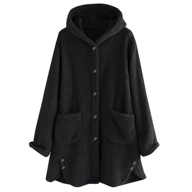 HAiming Womens Fuzzy Hooded Jacket Coat Button down Lapel Collar Oversize Tops Fall Winter Soft Warm Clothes