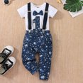 thumbnail image 3 of WIBACKER Infant Baby Boy Funny 1st Birthday Cosplay Outfits Bow Tie Space Themed Romper with Suspenders Pants 2pcs Set, 3 of 6