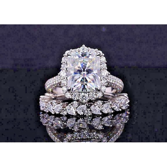4CT Radiant Cut Simulated Diamond Halo With Eternity Ring Set 14K White Gold Plated