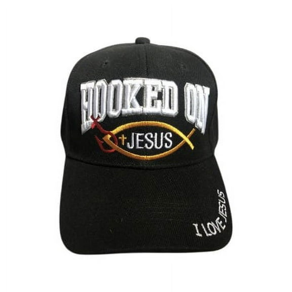Hooked On Jesus Christian Embroidered Baseball Caps - Black Color Uni-Sex Style  -- FREE USA Shipping--(CCap409B)