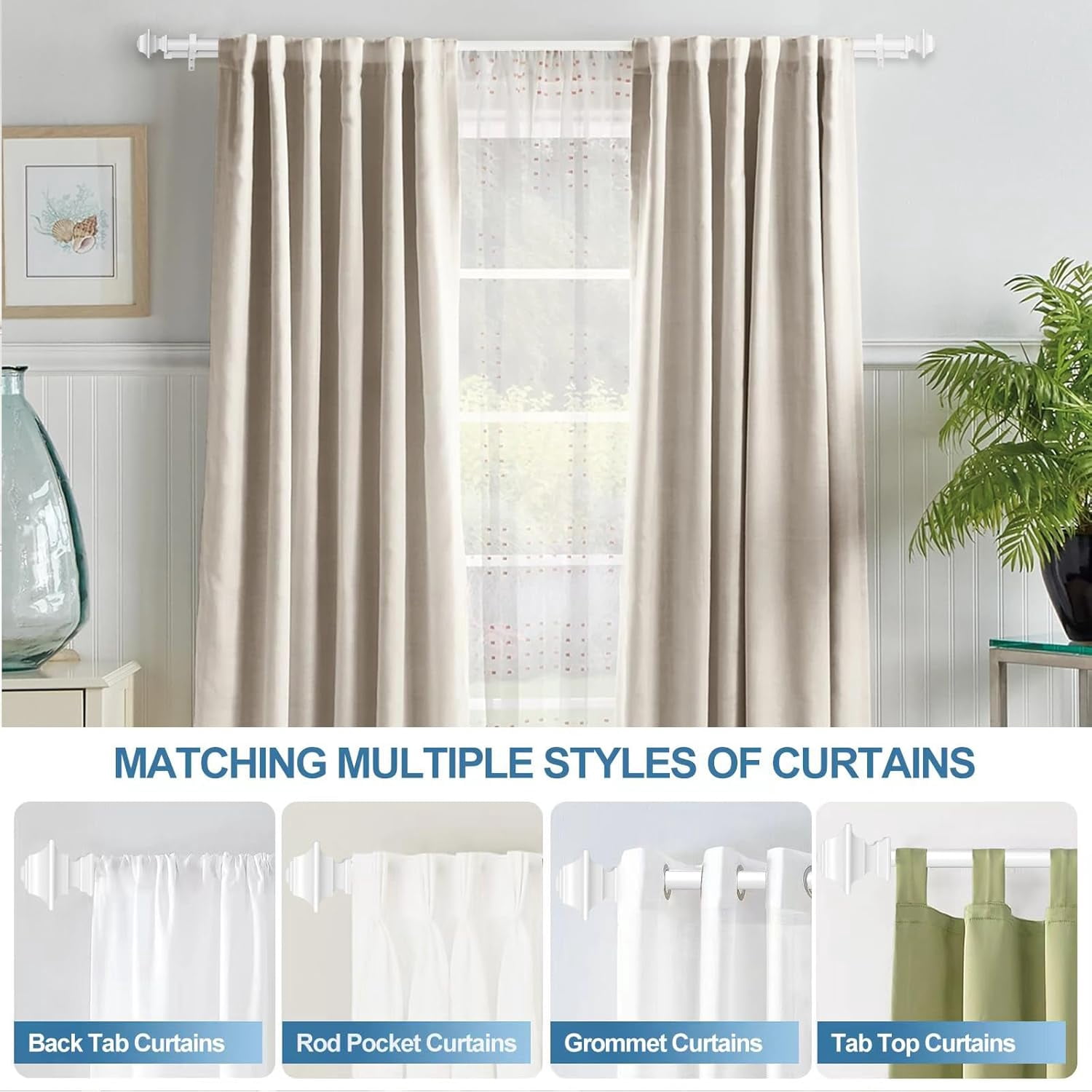 Urbanest Adjustable Double Curtain Rod Set Pila Flat Button Finials – 1″ Front & 3/4″ Back Rod With Glossy White Rod, 28–48 Inches