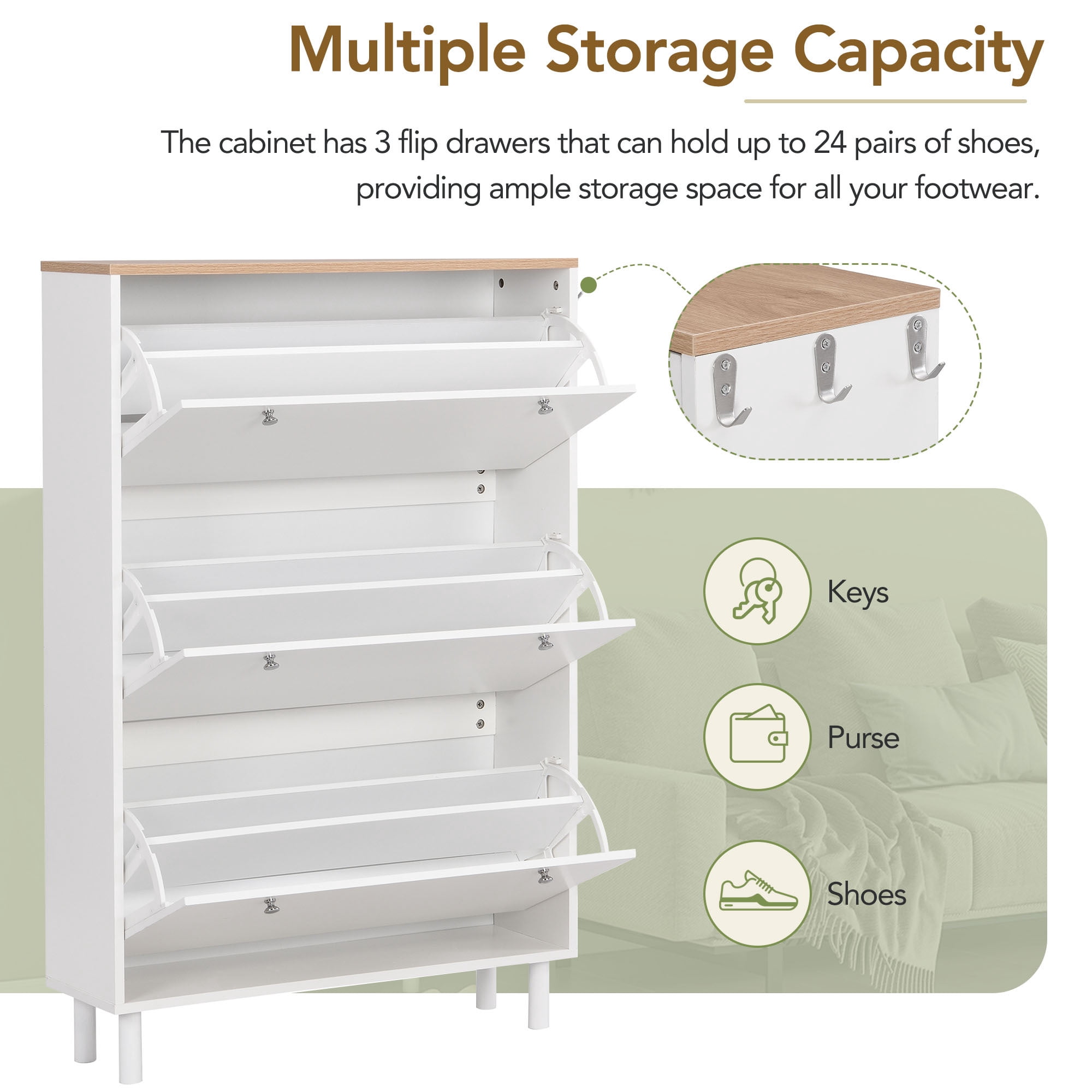 Leumius Narrow Shoe Cabinet with 3 Flip Drawers Adjustable Entryway Organizer with 3 Hooks, 47.6 inch x 31.5 inch