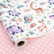 HOMERAL Baby Shower Wrapping Paper, Reversible Baby Gift Wrapping Paper, Lovely Giraffe, Elephane Animal Newborn Gift Wrap for 1st Birthday, Children Celebration, Safari Jungle Party - 17 In X 33 Ft