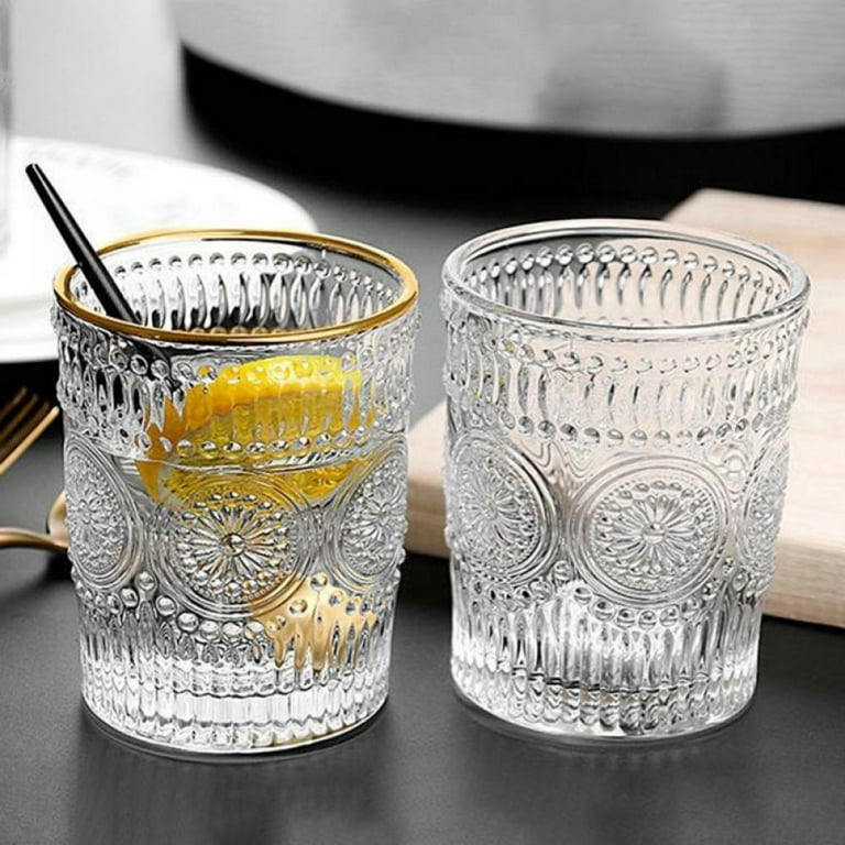 Iridescent Embossed Drinking Glass Gold Rim Water Glass Baroque Clear  Crystal Unleaded Wine Milk Juice Coffee Glass ,8.8fl.oz/11.5fl.oz（Clear  Small）