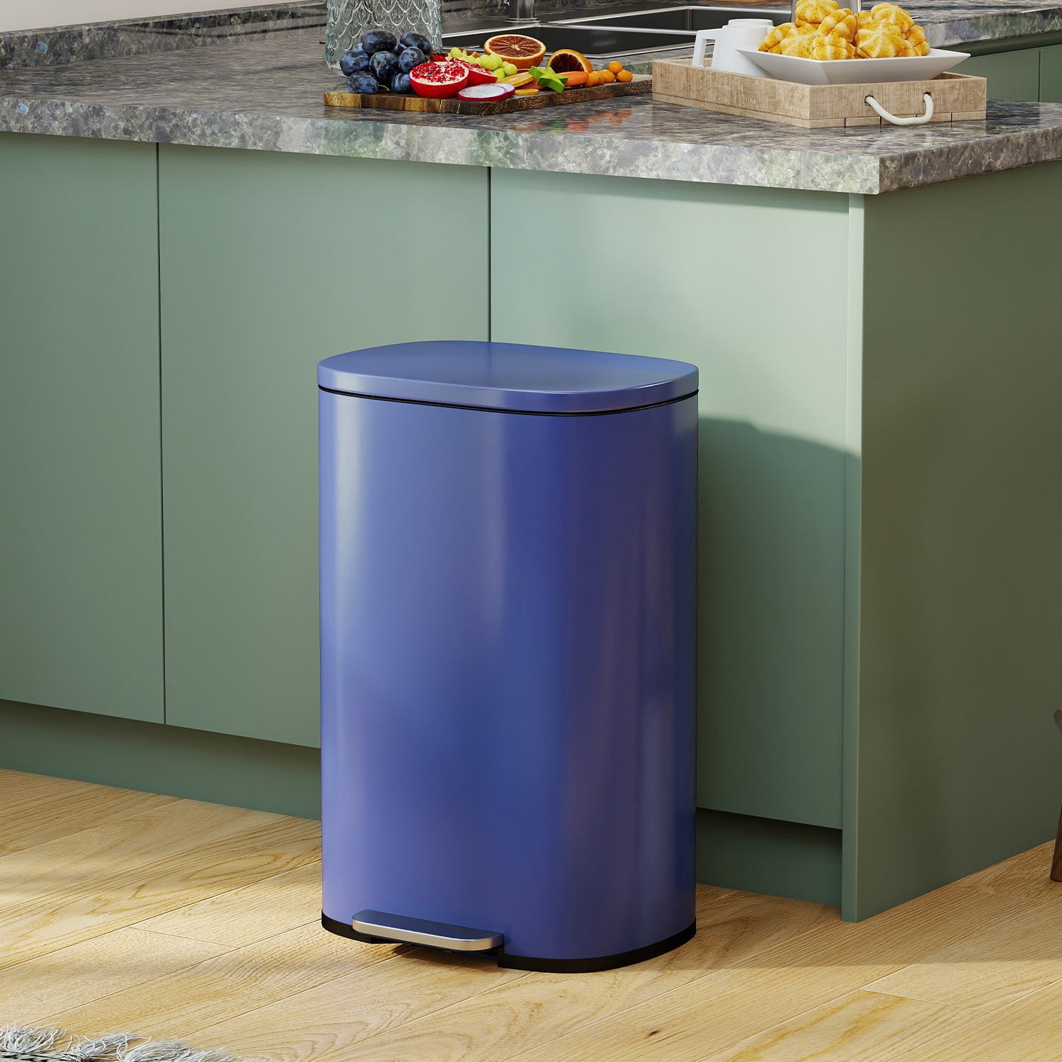 FASCK 13 Gallon/50 L Garbage Can Kitchen Trash Can with Lid for Office Bedroom Bathroom Step Trash Bin Fingerprint-Proof Brushed Stainless Steel 13 Gallon / 50 Liter,Deep Blue