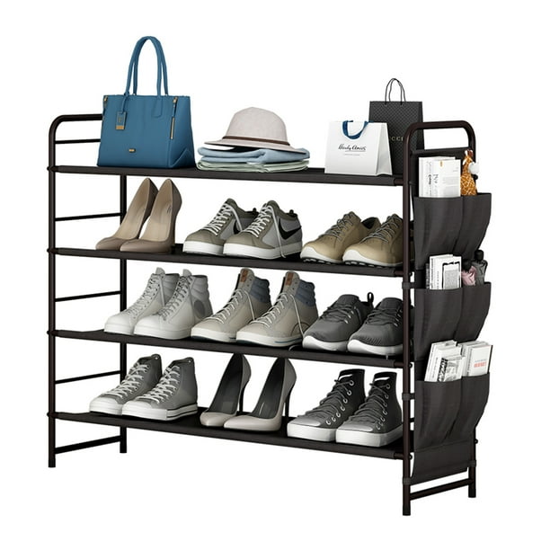 Untyo Stackable Shoe Rack Shoes Stand Black with Side 6 Fabric Storage Side Pockets Free