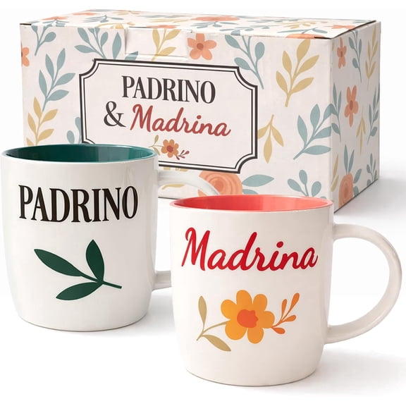 Triple Gifffted Padrino and Madrina Coffee Mugs Set, Godparents Gifts for Baptism or Christening, Proposal Gift Asking Godfather Godmother, Religious Keepsake, Christmas Day, 13oz Ceramic