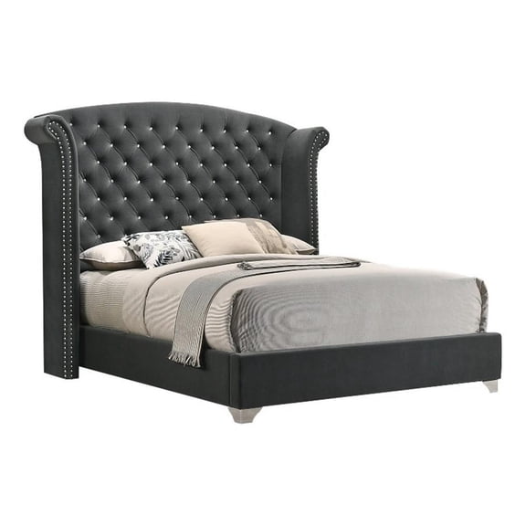 Benjara Giya Wingback Queen Bed- Tufted Headboard- Nailed Gray Velvet Upholstery