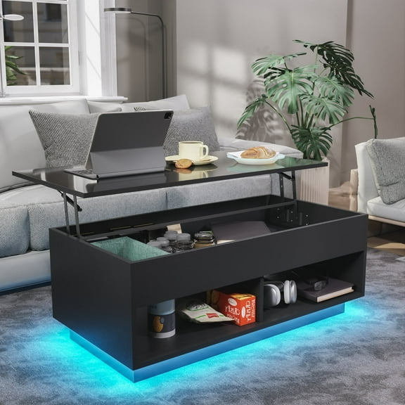 Modern Lift Top Coffee Table with Hidden Compartment LED Coffee Table High Gloss Sofa Side Cocktail TablesBlack with Open Shelf for Home Office