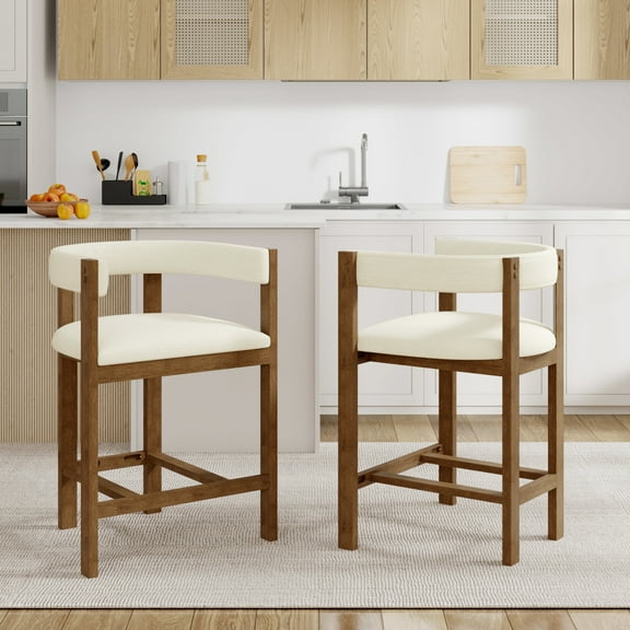 Christopher Knight Home Modern 26.5" Upholstered Counter Stools, Solid Wood, Curved Back, Walnut Beige, Set of 2