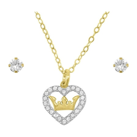Brilliance Fine Jewelry 14K Gold Plated Sterling Silver Crystal Heart Necklace & Studs Children’s Set